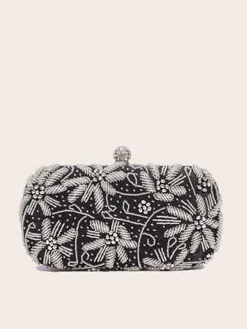 Damen Elegant Blumen Bestickt Abendtasche Luxus Pailletten Perlen Clutch Mit Strass Kugelverschluss Metallkette Party Hochzeit Handtasche