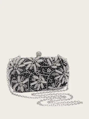 Damen Elegant Blumen Bestickt Abendtasche Luxus Pailletten Perlen Clutch Mit Strass Kugelverschluss Metallkette Party Hochzeit Handtasche