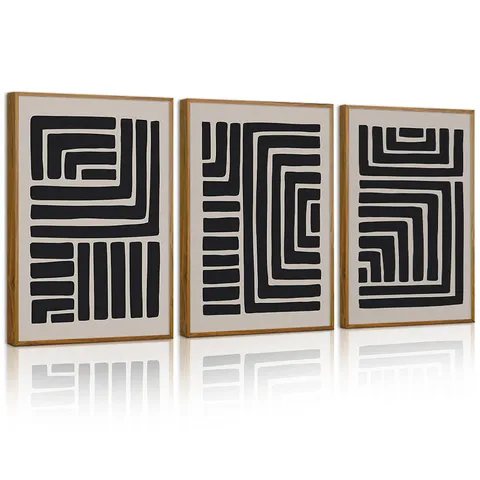 Modern Abstract Geometric Canvas Wall Art Trio Framed Black White Line Art Paintings For Living Room Bedroom Office Decor Home Mural