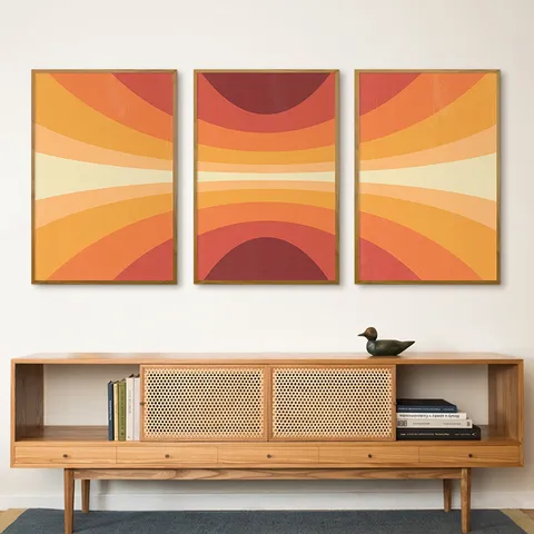 Modern Minimalist Abstract Canvas Wall Art Framed Orange Geometric Wave Line Triptych Decorative Paintings For Living Room Home Decor