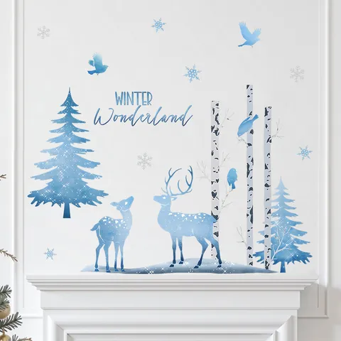 Blue Christmas Wall Sticker PVC Self-Adhesive Elk Snowflake Winter Wonderland Wall Decal For Home Living Room Festival Decoration