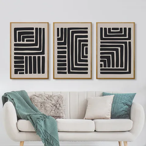 Modern Abstract Geometric Canvas Wall Art Trio Framed Black White Line Art Paintings For Living Room Bedroom Office Decor Home Mural