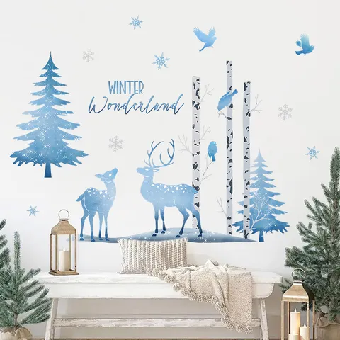 Blue Christmas Wall Sticker PVC Self-Adhesive Elk Snowflake Winter Wonderland Wall Decal For Home Living Room Festival Decoration