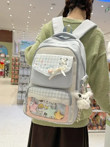 Japanische Preppy Karo Ita Bag Rucksack Mehrere Fächer Schultasche Für Schülerinnen Mit Transparentem Fenster Schleifen Dekoration