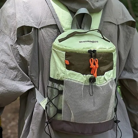 Nylon Wasserabweisender Rucksack Mit Kordelzug Casual Farbblock Outdoor Reisen Wandern Rucksack Mit Netztasche Für Herren Damen