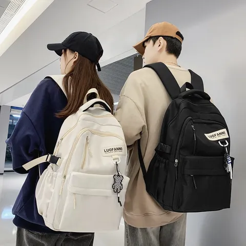 Sac à Dos Simple en Nylon Grande Capacité pour Étudiants École Style Preppy Couleur Unie Lettres Patch Mixte Sac d École