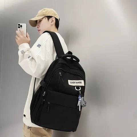 Sac à Dos Simple en Nylon Grande Capacité pour Étudiants École Style Preppy Couleur Unie Lettres Patch Mixte Sac d École