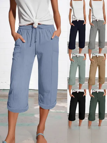 Women's Casual Cotton Linen Cropped Pants Loose Elastic Drawstring Waist Capri Trousers with Pockets Rolled Cuffs Breathable Lightweight Summer Pants
