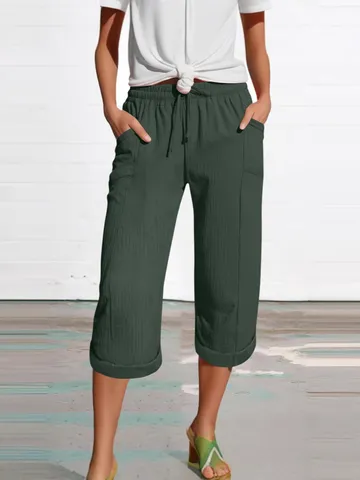 Women's Casual Cotton Linen Cropped Pants Loose Elastic Drawstring Waist Capri Trousers with Pockets Rolled Cuffs Breathable Lightweight Summer Pants