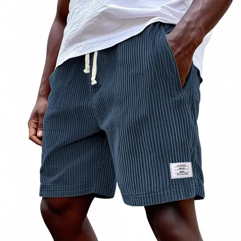 Men's Wide Stripe Corduroy Shorts Loose Fit Casual Streetwear Bottom With Drawstring And Woven Label For Summer Beach Daily Wear