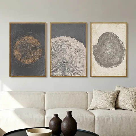 Abstrait Géométrique Cernes de Croissance Toile Murale Encadrée Triptyque Modern Boho Tableau Pour Salon Chambre Décoration Maison