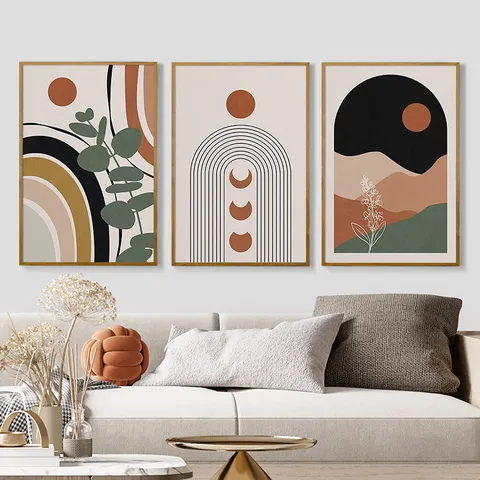Bohemian Geometric Abstract Line Framed Canvas Wall Art Sun Moon Plant Leaf Decorative Painting For Living Room Bedroom