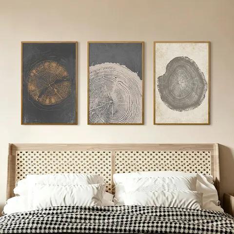 Abstrait Géométrique Cernes de Croissance Toile Murale Encadrée Triptyque Modern Boho Tableau Pour Salon Chambre Décoration Maison