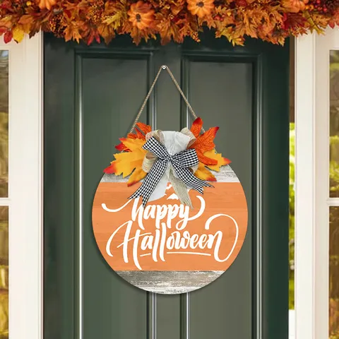 Herfst Houten Happy Halloween Welkomstbord Cirkelvormig Deurbord Voor Voordeur Buiten Thanksgiving Pompoen Esdoornblad Geruite Strik Wanddecoratie