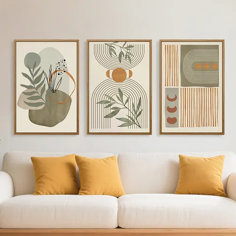 Bohemian Botanical Green Leaves Canvas Wall Art Framed Abstract Geometric Triptych Decor For Living Room Bedroom Office Decorations
