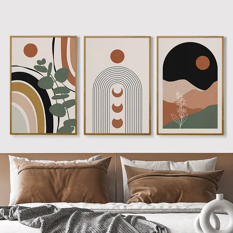 Bohemian Geometric Abstract Line Framed Canvas Wall Art Sun Moon Plant Leaf Decorative Painting For Living Room Bedroom