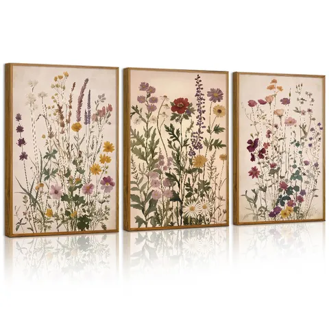Botanical Floral Framed Canvas Wall Art Set Bohemian Botanical Print Framed Pictures Vintage Wildflower Art Decor For Living Room