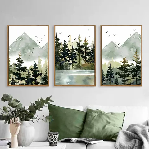 Ensemble d'Art Mural sur Toile Paysage de Forêt Moderne Minimaliste Cadre PS à Grain de Bois Peinture Décorative de Montagne à l'Aquarelle Décoration de Salon