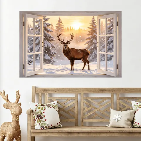 Pegatina de Pared Ventana Falsa 3D de Navidad PVC Autoadesiva Invierno Paisaje de Nieve Alce Reno Calcomanía Decoración Hogar