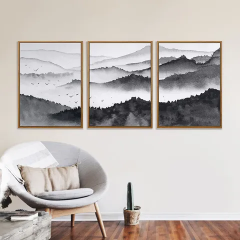 Modern Minimalist Black White Landscape Canvas Wall Art 3 Panel Framed Mountain Ink Painting For Bedroom Living Room Wall Decor
