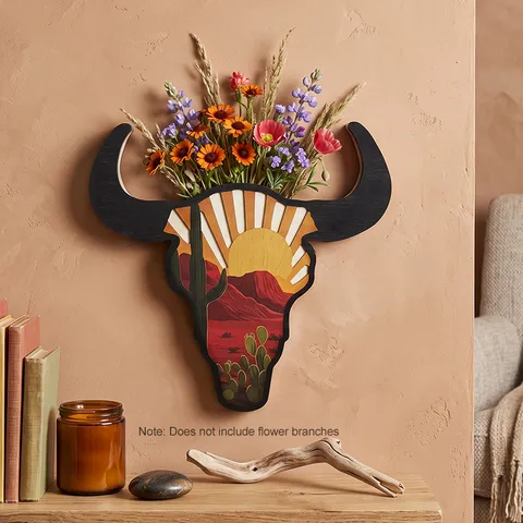 Western Cowboy Wooden Bull Head Wall Hanging Decor Poplar Wood Hollow Cactus Sunset Desert Pattern American Country Style Ornament