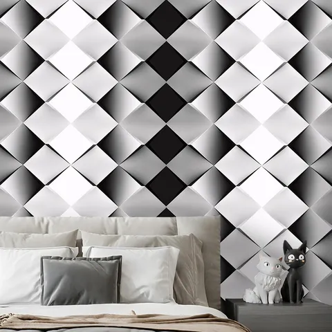 Papier Peint Auto-Adhésif PVC 3D Losange Noir et Blanc Stickers Muraux Géométriques Imperméables pour Chambre Salon Décoration Maison