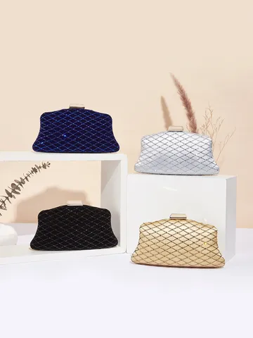 Luxus Polyester Strass Abendtasche Rautenmuster Metallring Griff Clutch Für Damen Bankett Party Hochzeit Abschlussball Handtasche