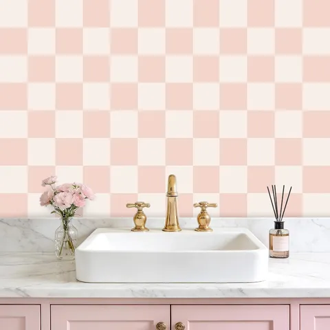 Bohemio Rosa Blanco Tablero De Ajedrez Geométrico Impermeable Autoadhesivo Pegatina De Pared PVC Mate Cuadros Papel Pintado para Dormitorio Habitación Infantil Renovación De Paredes Hogar Decoración