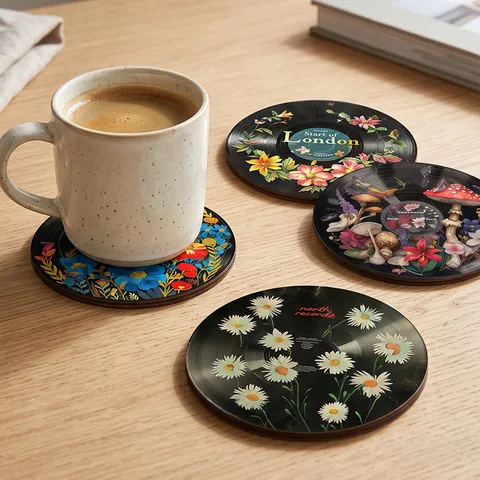 Vintage Vinyl Music Record Poplar Wood Coasters Set Retro Floral Butterfly Mushroom Heat Resistant Table Decor Coasters