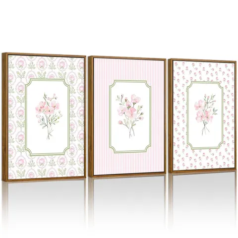 Bohemian Pink Floral Canvas Wall Art Modern Minimalist Hanging Painting With Pear Wood PS Frame For Bedroom Living Room