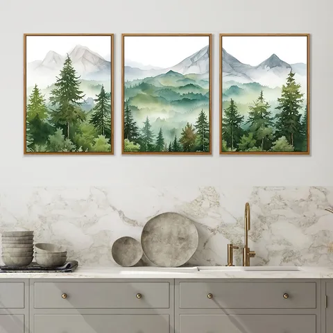 Nordic Landscape Mountain Forest Triptych Framed Wall Art Oil Canvas Modern Minimalist Painting Decor For Living Room Bedroom Home Office