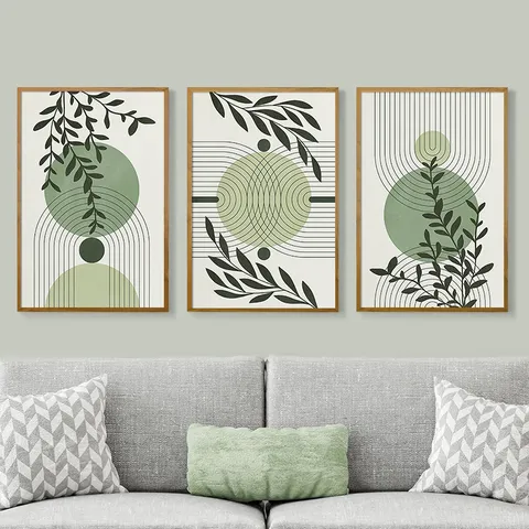 Bohemian Green Plant Line Abstract Framed Canvas Wall Art Modern Minimalist Three Piece Set Wall Decor Living Room Bedroom