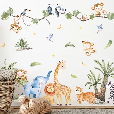 Cartoon Jungle Animals Wall Stickers Removable PVC Self Adhesive Decals Watercolor Elephant Giraffe Lion For Kids Room Nursery School Decorative Mural Art
