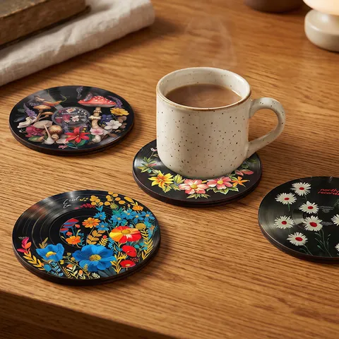 Vintage Vinyl Music Record Poplar Wood Coasters Set Retro Floral Butterfly Mushroom Heat Resistant Table Decor Coasters