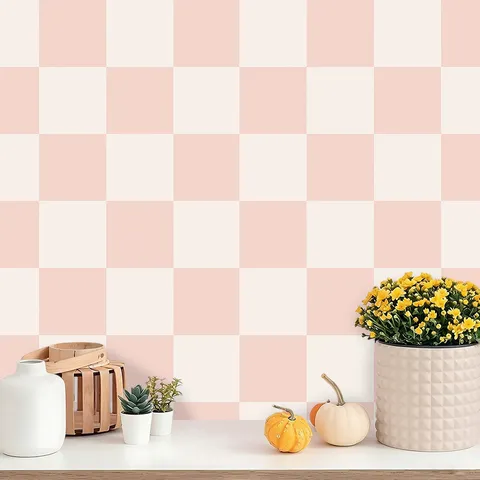 Bohemio Rosa Blanco Tablero De Ajedrez Geométrico Impermeable Autoadhesivo Pegatina De Pared PVC Mate Cuadros Papel Pintado para Dormitorio Habitación Infantil Renovación De Paredes Hogar Decoración