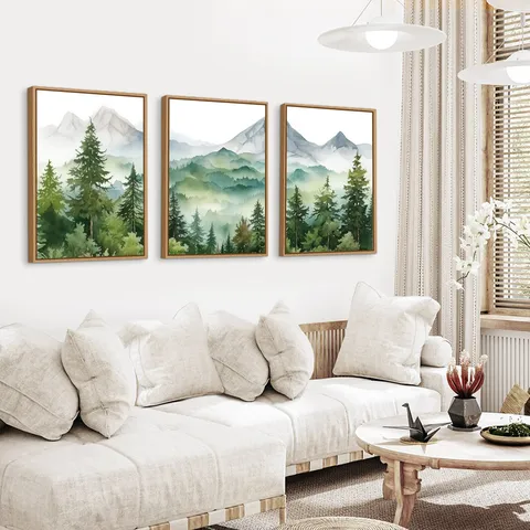 Nordic Landscape Mountain Forest Triptych Framed Wall Art Oil Canvas Modern Minimalist Painting Decor For Living Room Bedroom Home Office