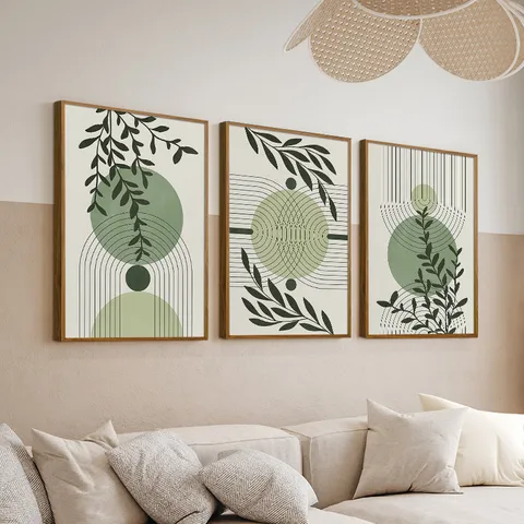 Bohemian Green Plant Line Abstract Framed Canvas Wall Art Modern Minimalist Three Piece Set Wall Decor Living Room Bedroom