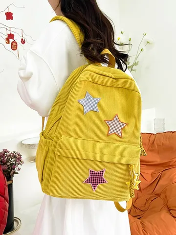 Japanese Ins Style Corduroy Backpack For Girls Sweet Star Patchwork Casual School Backpack Waterproof Travel Bag For Women