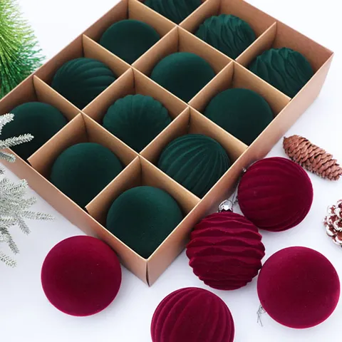 Beflockung Samt Weihnachtskugeln Ornamente Dunkel Weinrot Smaragdgrün Kunststoff Weihnachtsbaum Hängende Kugeln Für Feiertage Haus Party Dekoration