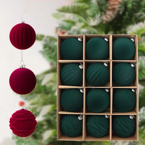 Beflockung Samt Weihnachtskugeln Ornamente Dunkel Weinrot Smaragdgrün Kunststoff Weihnachtsbaum Hängende Kugeln Für Feiertage Haus Party Dekoration