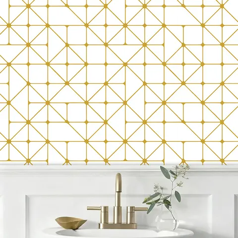 Modern Minimalist PVC Self-Adhesive Wallpaper Yellow Geometric Line Grid Wall Sticker Waterproof For Bedroom Living Room Bathroom Wall Decor