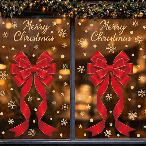 Pegatinas Estáticas de Ventana de Navidad Lazo Rojo Copo de Nieve Dorado Feliz Navidad Puerta de Cristal Calcomanías de Decoración para Centro Comercial Hogar