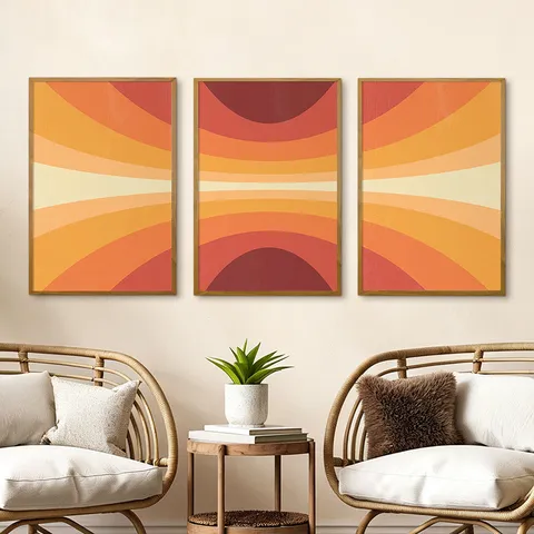 Modern Minimalist Abstract Canvas Wall Art Framed Orange Geometric Wave Line Triptych Decorative Paintings For Living Room Home Decor
