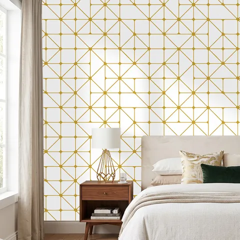 Modern Minimalist PVC Self-Adhesive Wallpaper Yellow Geometric Line Grid Wall Sticker Waterproof For Bedroom Living Room Bathroom Wall Decor