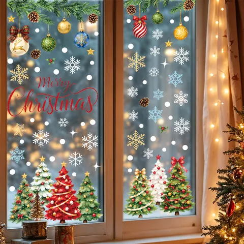 Weihnachten Fensterbilder PVC Statisch Schneeflocke Weihnachtsbaum Aufkleber Mattiert Glastür Dekoration Für Zuhause Geschäft