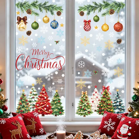Weihnachten Fensterbilder PVC Statisch Schneeflocke Weihnachtsbaum Aufkleber Mattiert Glastür Dekoration Für Zuhause Geschäft