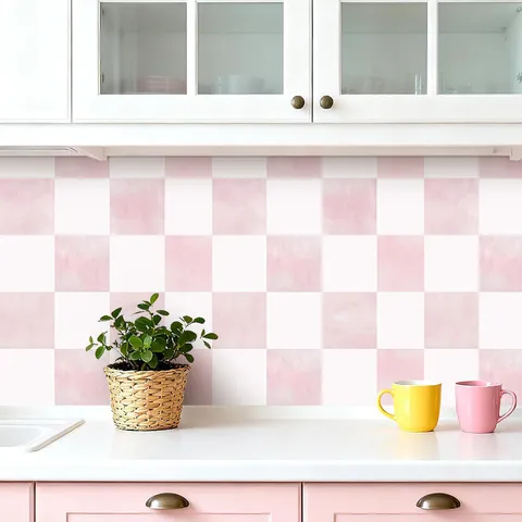 Papier Peint Imperméable en PVC Géométrique Rose Plaid Stickers Muraux Auto-adhésifs Pour Chambre Salon Décoration Rouleau