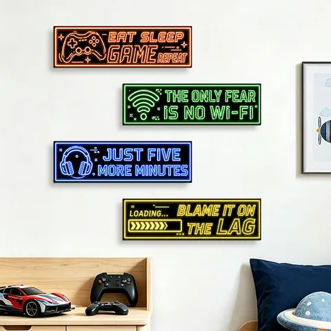 Wooden Gaming Room Wall Decor Sign Eat Sleep Game Repeat Neon Style Controller Wood Plaque For Gamer Bedroom Game Room Wall Art