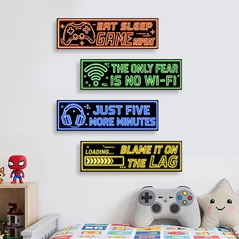 Wooden Gaming Room Wall Decor Sign Eat Sleep Game Repeat Neon Style Controller Wood Plaque For Gamer Bedroom Game Room Wall Art