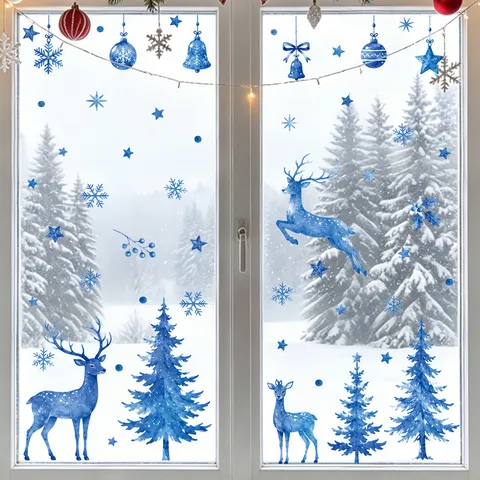 Christmas Window Stickers Blue Snowflake Elk Christmas Tree Static PVC Decals Winter Holiday Glass Decor For Home Party